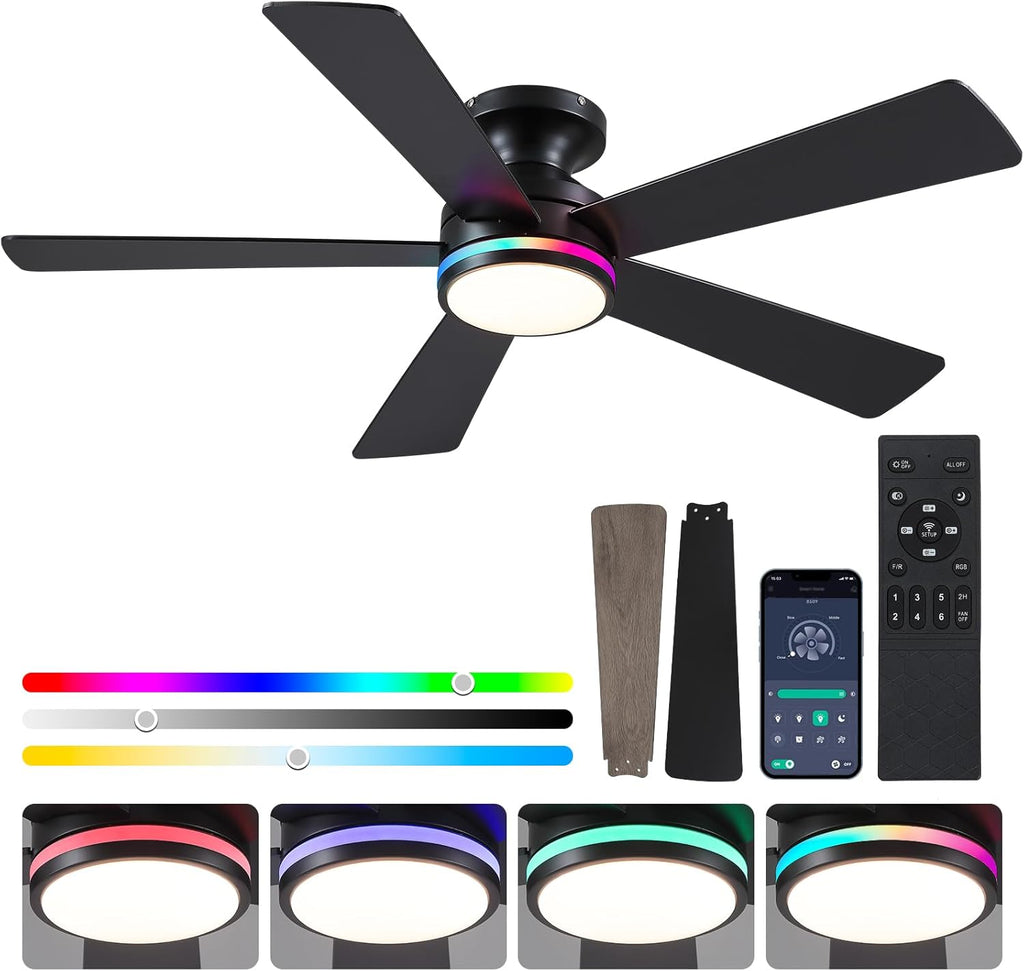 46In RGB Ceiling Fans with Lights - Black Flush Mount Ceiling Fan Light with Remote/APP, RGB+3CCT 6 Wind Speeds, Modern Low Profile Fan Light Fixture for Party, Kid's Room