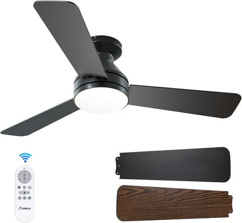 Ceiling Fans with Lights, 42 inch Low Profile Ceiling Fan with Light and Remote Control, Flush Mount, Reversible, 3CCT, Dimmable, Noiseless, Black Ceiling Fan for Bedroom, Indoor/Outdoor Use