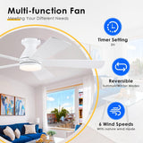 52in Ceiling Fans with Lights - White Flush Mount Ceiling Fan Light with Remote, 6 Wind Speeds and Reversible, Modern Low Profile Fan Light for Indoor/Covered Outdoor