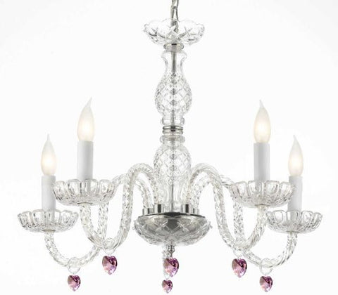 Murano Venetian Style Chandelier Lighting With Pink Crystal Hearts H 25" W 24" - Perfect For Kid'S And Girls Bedroom - G46-B21/B11/384/5