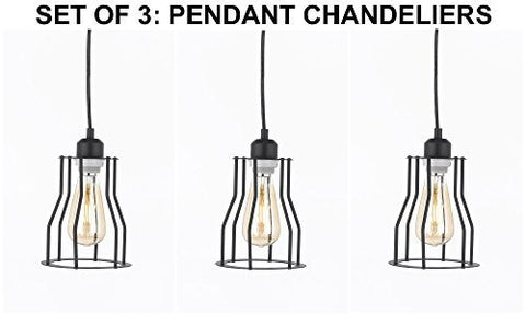 Set Of 3 - Wrought Iron Vintage Barn Metal Pendant Chandelier Industrial Loft Rustic ""Cage"" Lighting W/ Vintage Bulbs Included Great For Kitchen Island Lighting - G7-3522/1Bulb-Set Of 3