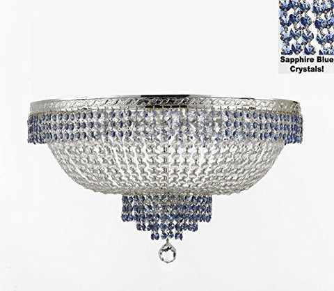 Flush French Empire Crystal Chandelier Lighting Trimmed With Sapphire Blue Crystal Good For Dining Room Foyer Entryway Family Room And More H21" W30" - F93-B83/Cs/Flush/870/14