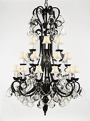 Foyer / Entryway Wrought Iron Chandelier 50" Inches Tall With Crystal And With White Shades H50" X W30" - A84-B12/Whiteshades/724/24