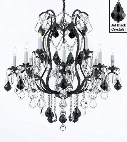 Wrought Iron Crystal Chandelier Lighting Chandeliers H36" x W36" Dressed with Jet Black Crystals! - A83-B20/3034/10+5