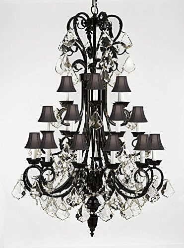 Foyer / Entryway Wrought Iron Chandelier 50" Inches Tall With Crystal And With Black Shades H50" X W30" Trimmed With Spectra (Tm) Crystal - Reliable Crystal Quality By Swarovski - A84-B12/Blackshades/724/24Sw