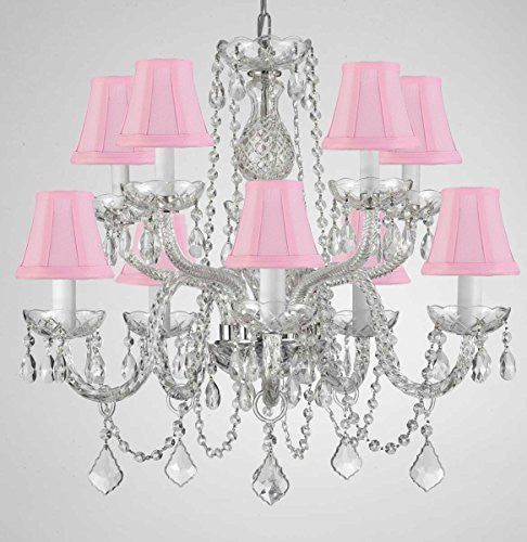 Crystal Chandelier Lighting With Pink Shades H 25" X W 24" - G46-Pinkshades/Cs/1122/5+5