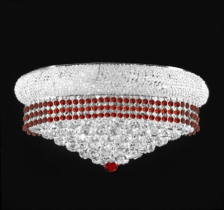 Flush French Empire Crystal Chandelier Lighting Trimmed With Ruby Red Crystal Good For Dining Room Foyer Entryway Family Room And More H15" X W24" - F93-Silver/Flush/B74/542/15