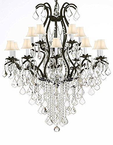 Swarovski Wrought Iron Chandelier Crystal Chandeliers Lighting Crystal H50" X W36" With White Shades! Great for Dining room, Entryway / Foyer, or Living room! - A500-SC/WHITESHADE/B12/3034/10+5SW