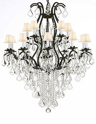 Swarovski Wrought Iron Chandelier Crystal Chandeliers Lighting Crystal H50" X W36" With White Shades! Great for Dining room, Entryway / Foyer, or Living room! - A500-SC/WHITESHADE/B12/3034/10+5SW