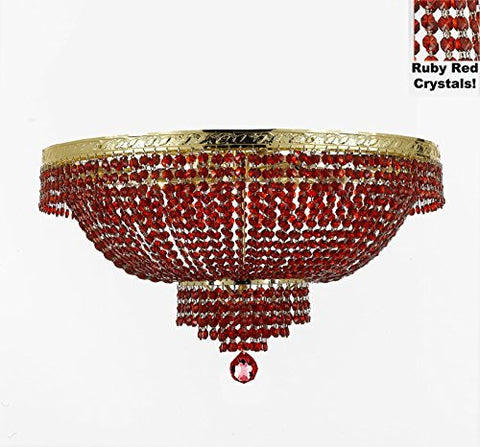 French Empire Semi Flush Crystal Chandelier Lighting - Dressed With Red Beads Color Crystals H18" X W24" - F93-B81/Flush/Cg/870/9