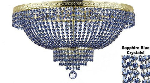 French Empire Semi Flush Crystal Chandelier Lighting - Dressed With Sapphire Blue Color Crystals H18" X W24" - F93-B82/Flush/Cg/870/9