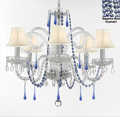 Authentic All Crystal Chandelier Chandeliers Lighting With Sapphire Blue Crystals And White Shades Perfect For Living Room Dining Room Kitchen Kid'S Bedroom H25" W24" - G46-B82/Whiteshades/387/5