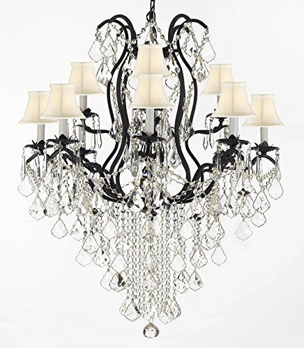 Wrought Iron Crystal Chandelier Lighting H40" X W28" With Shades Trimmed With Spectra (Tm) Crystal - Reliable Crystal Quality By Swarovski - F83-Sc/Whiteshade/B12/3034/8+4Sw