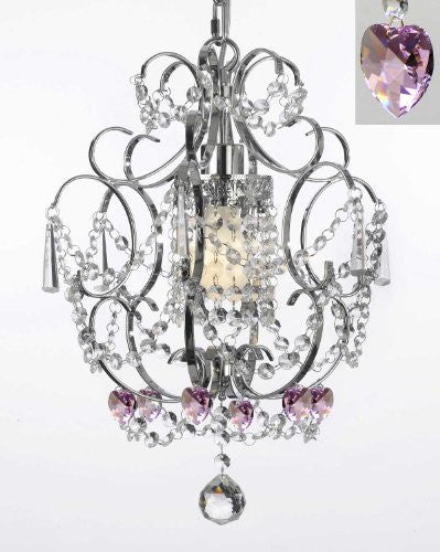 Chrome Crystal Chandelier Lighting With Pink Crystal Hearts H 15" W 11.5" - Perfect For Kids' And Girls Bedrooms - J10-B23/26019/1