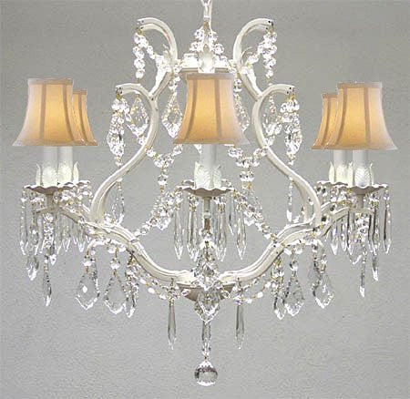 Wrought Iron Crystal Chandelier Lighting H 19" W 20" - With White Shades - A83-Whiteshades/White/3530/6