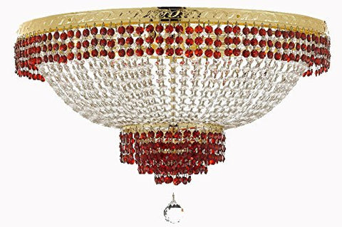 Flush French Empire Crystal Chandelier Lighting Trimmed With Ruby Red Crystal Good For Dining Room Foyer Entryway Family Room And More H18" X W24" - F93-B74/Cg/Flush/870/9