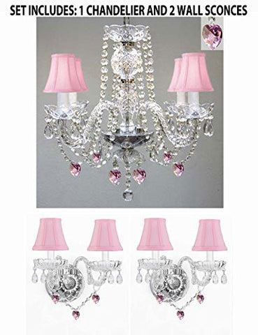 Three Piece Lighting Set - Crystal Chandelier And 2 Wall Sconces W/ Pink Crystal Hearts And Pink Shades - 1Ea Pnkshd/Heart2754+2Ea Pnkshdheart2386