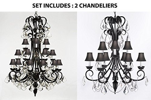 Set Of 2 - 1-Wrought Iron Chandelier With Black Shades H50" X W30" And Wrought Iron Empress Crystal (Tm) Chandelier With Black Shades H 30" X W 26" - 1Ea-B12/724/24+1Ea-B12/724/6+3-Blkshd