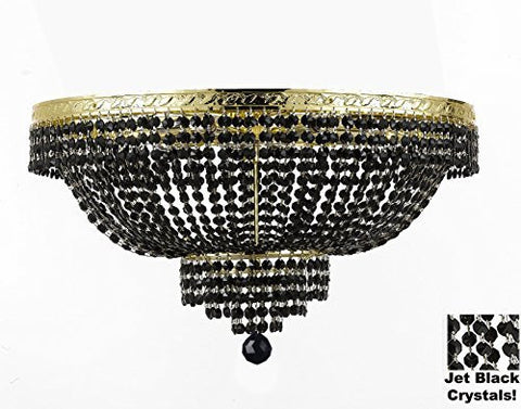 French Empire Semi Flush Crystal Chandelier Lighting - Dressed With Jet Black Color Crystals H21" X W30" - F93-B80/Flush/Cg/870/14