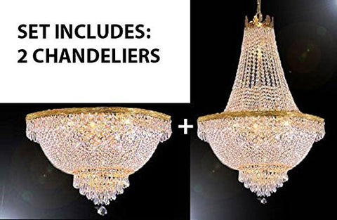 Set Of 2 - French Empire Crystal Chandelier Lighting H30" X W24" + French Empire Crystal Semi Flush Chandeliers Lighting H18" X W24" - Foyer Hallway Bedroom Kitchen- Works For All Locations - 1Eaa93-870/9+1Eaa93-Flush/870/9