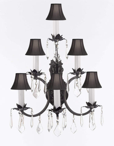 Wrought Iron Wall Sconce Crystal Lighting 3 Tier Wall Sconces W16 x H24 w/Black Shades - A500-BLACKSHADES/6/3034