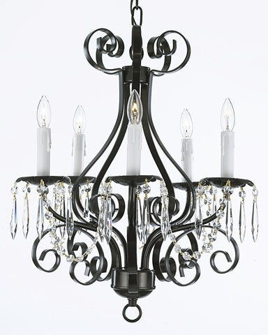 Wrought Iron Crystal Chandelier Lighting Country French 5 Light Ceiling Fixture Wrought Country French Mini Kitchen - CL/30175/5 BK
