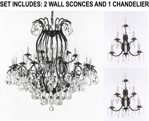 Set of 3-2 Wrought Iron Wall Sconce Crystal Lighting 3 Tier Wall Sconces W16 x H24 and 1 Wrought Iron Crystal Chandeliers Lighting Empress Crystal (TM) H46 W46 Perfect for an Entryway Or Foyer! - 2EA A83-6/3034 + 1EA A83-3034/18+6