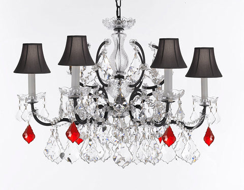 Swarovski Crystal Trimmed Chandelier 19th C. Baroque Iron & Crystal Lighting- Dressed with Ruby Red Crystals Great for Kitchens, Bathrooms, Closets, and Dining Rooms H 25" x W 26" w/Black Shades - G83-B98/BLACKSHADES/994/6SW