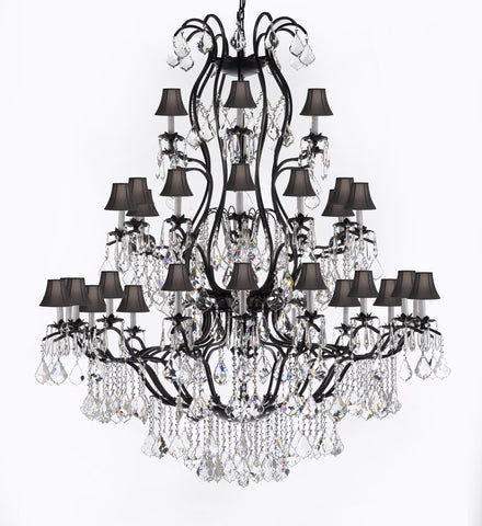 Large Foyer / Entryway Wrought Iron Chandelier Lighting With Crystal And Black Shades H60" X W52" - A500-Sc/Blackshade/3031/36